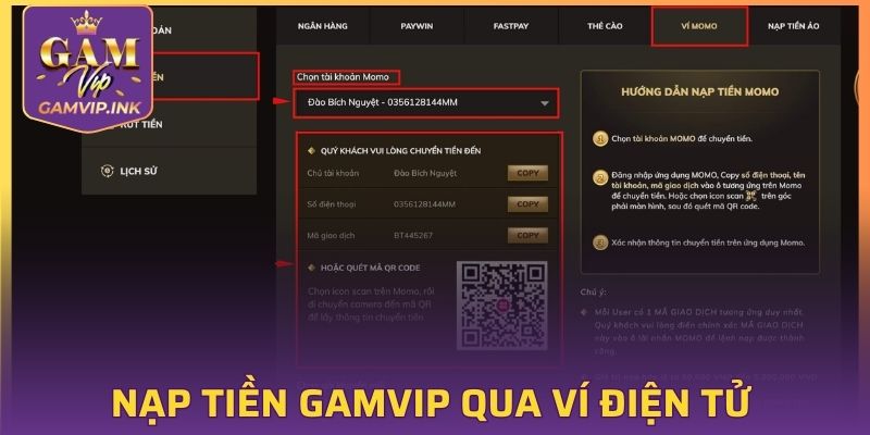 Nạp tiền GAMVIP qua ví điện tử thuận lợi
